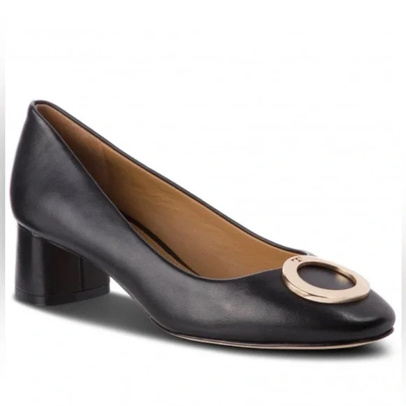 Tory Burch Caterina Pump Black Nappa Leather Heels with Gold Hardware Accent - Picture 2 of 9